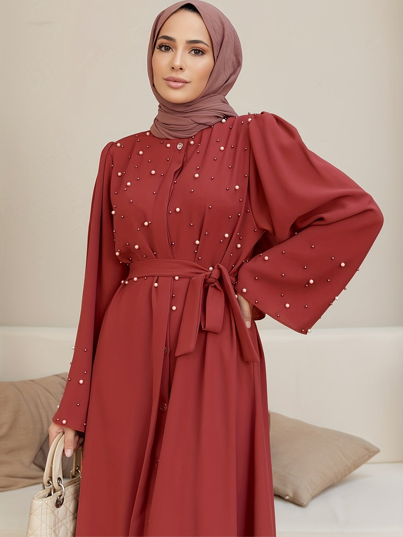 Elegant Navy Blue Abaya with Pearl Embellishments and Belt -/MH