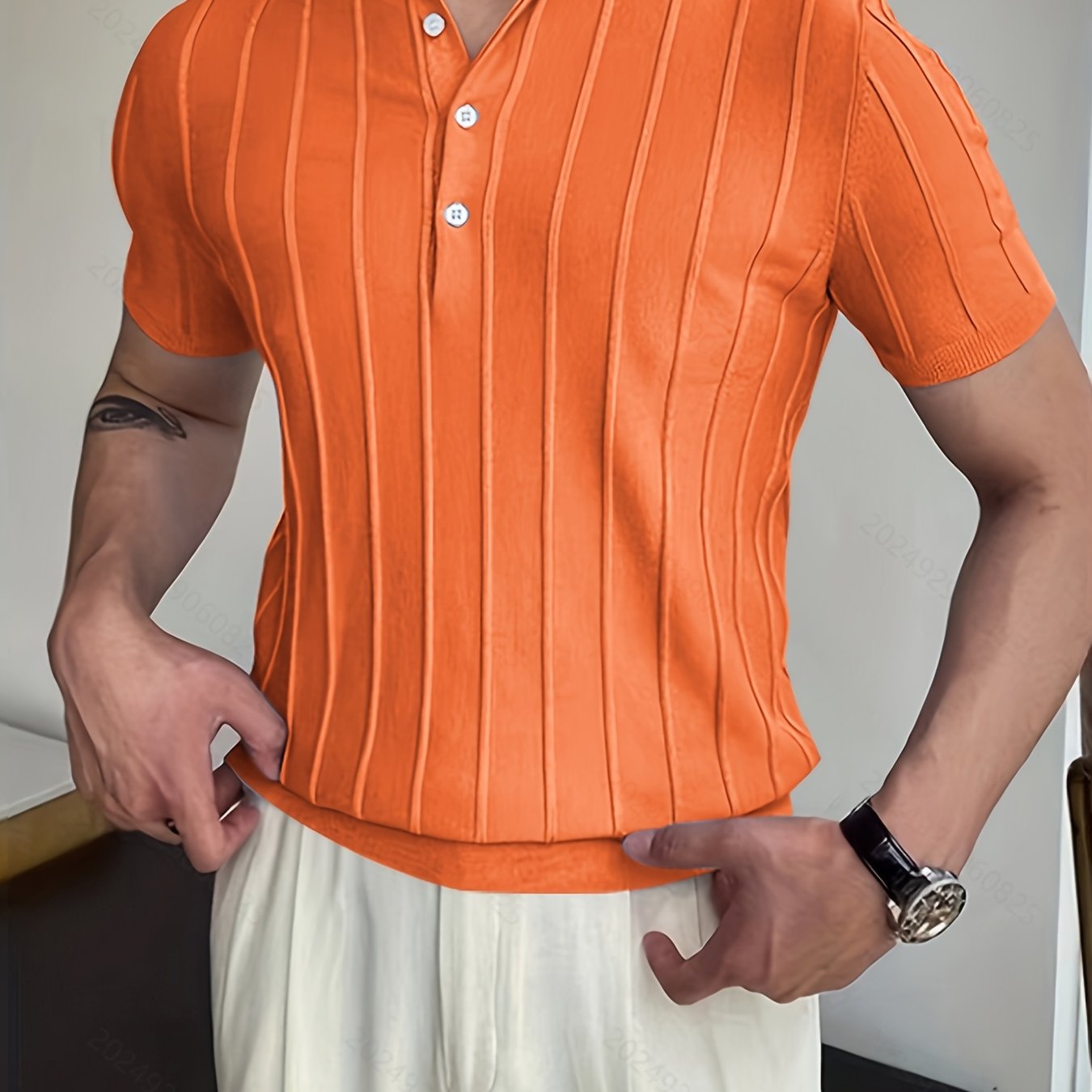 Vertical Striped Chic Shirt, Men's Casual Solid Color High Stretch .
