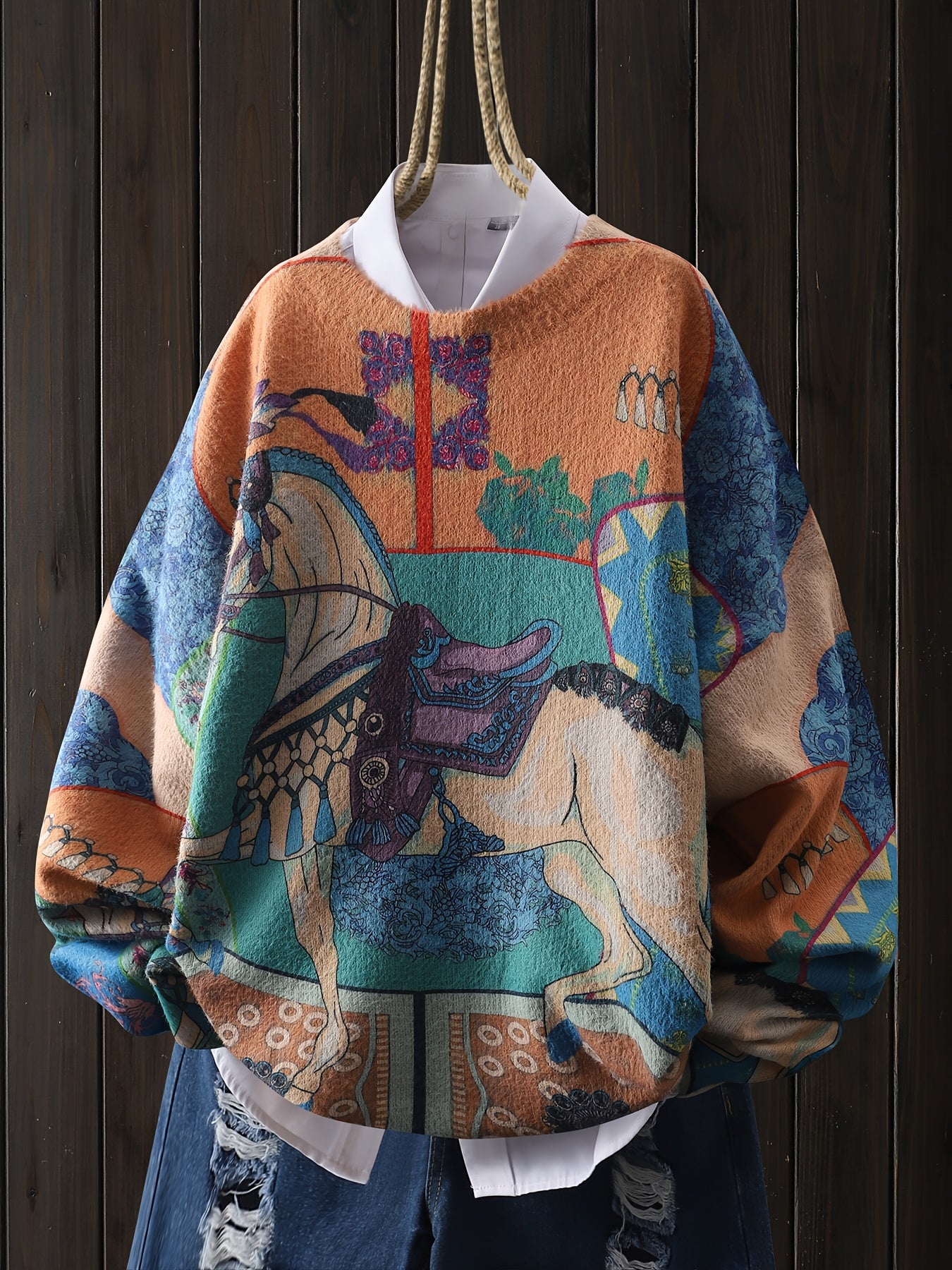 A Cartoon Vintage Animal-Themed Sweater Featuring a Saddle Pattern,