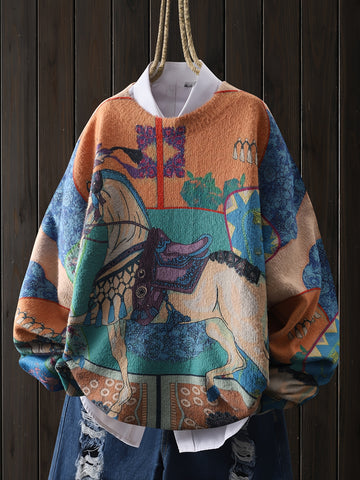 A Cartoon Vintage Animal-Themed Sweater Featuring a Saddle Pattern,