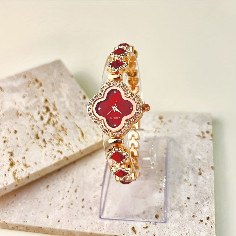 Clover Pointer Quartz Watch - Elegant Baroque Rhinestone Analog Wrist Watch with 4pcs Jewelry Set, Perfect Gift for Mom, Her, or Yourself, Ideal for Any Occasion