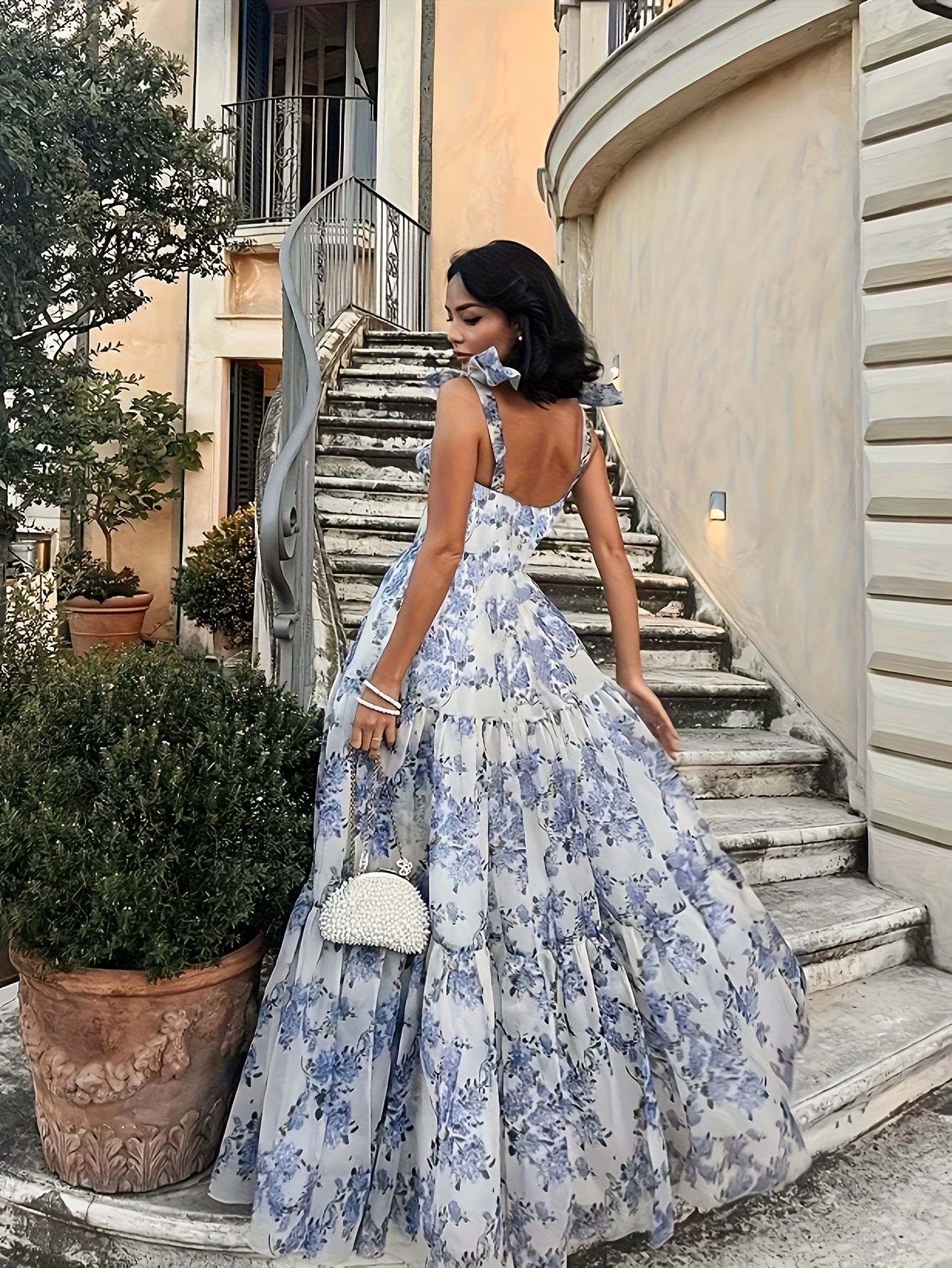 Elegant French Floral Off-Shoulder Long Dress - /MH
