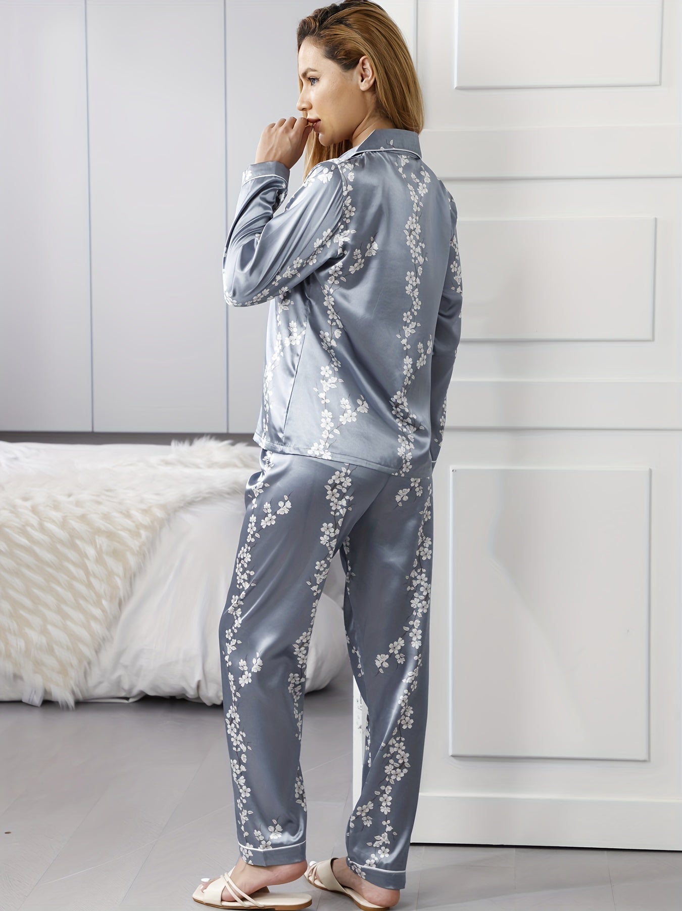 Floral Print Sleep Set, Long Sleeve Button Up Blouse .
