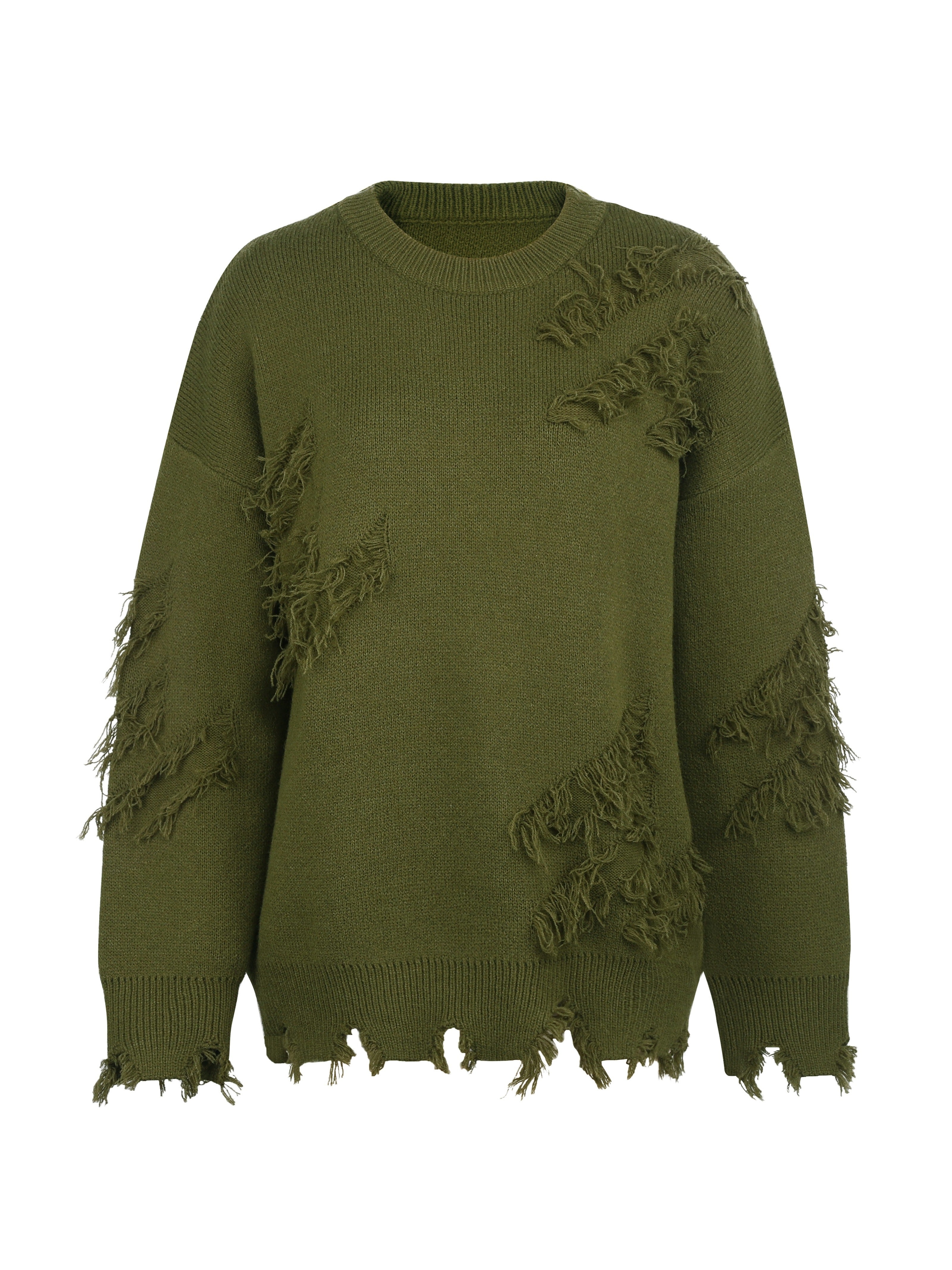 Solid Color Crew Neck Pullover Sweater, Casual Ripped Tassel Long Sleeve.