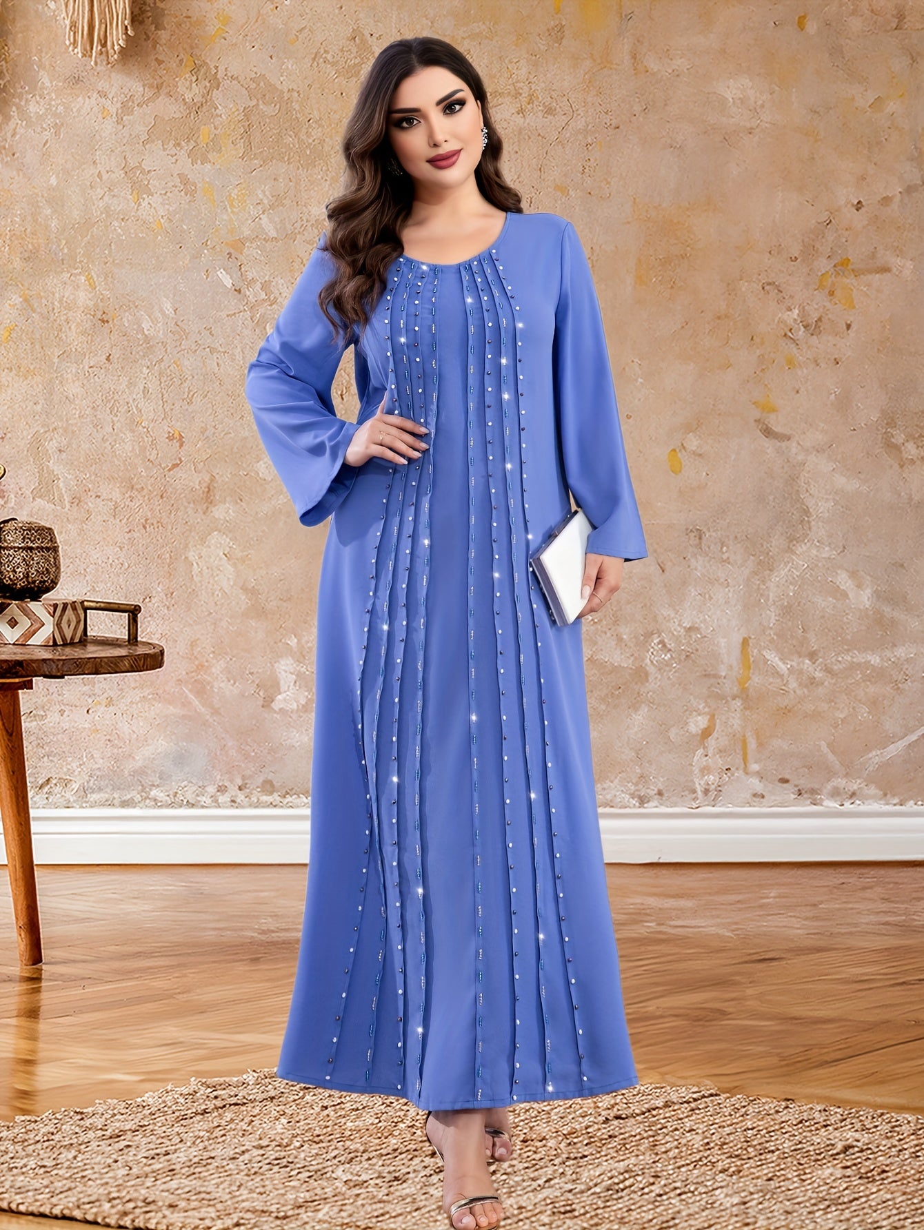 Bead Decor Crew Neck Kaftan Dress, Elegant Long Sleeve'/MH