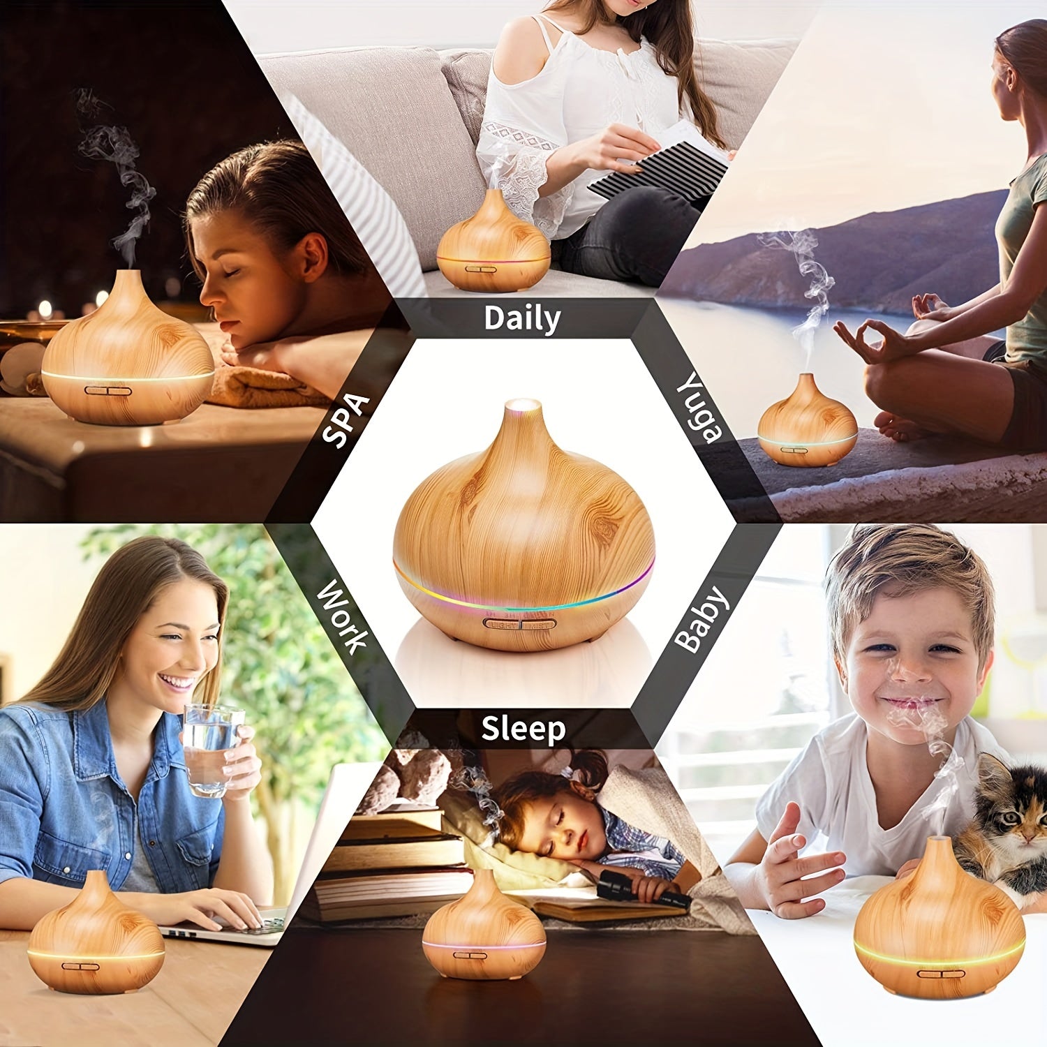 1pc Aroma Diffuser Essential Oil Large Room Office 550ml Wood Color USB Charge Essential Oil Diffusers Cool Mist Humidifier Super Quiet Ambient 7 Color LED Light Waterless Auto Off Aromatherapy Diffuser For Home Bedroom Gift
