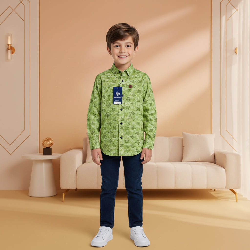 Boys' Lime Green Geometric Print Shirt – Textured Long Sleeve Casual Button-Down (2-12 Years) | MH