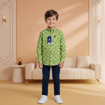 Boys' Lime Green Geometric Print Shirt – Textured Long Sleeve Casual Button-Down (2-12 Years) | MH