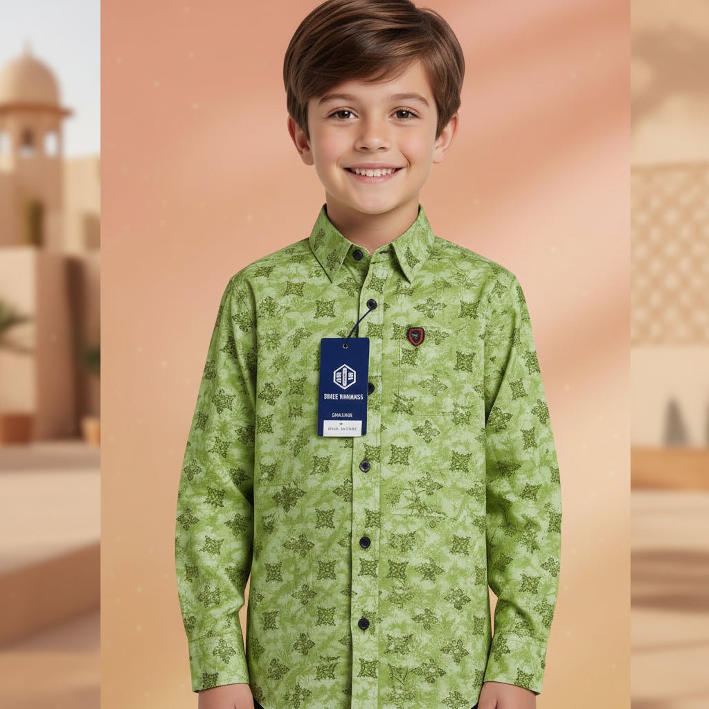 Boys' Lime Green Geometric Print Shirt – Textured Long Sleeve Casual Button-Down (2-12 Years) | MH