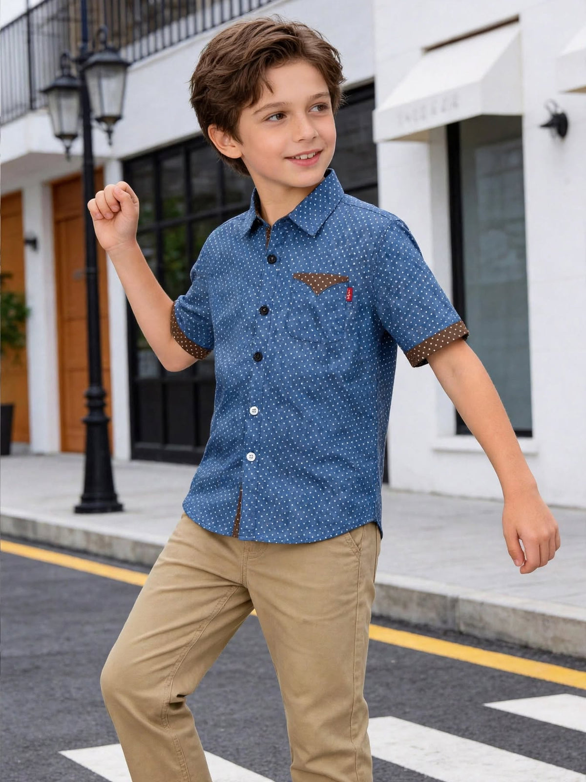 Kid Boy's Dot Printed Contrast Trim Short-Sleeve Shirt | MH Size (2-12Years)