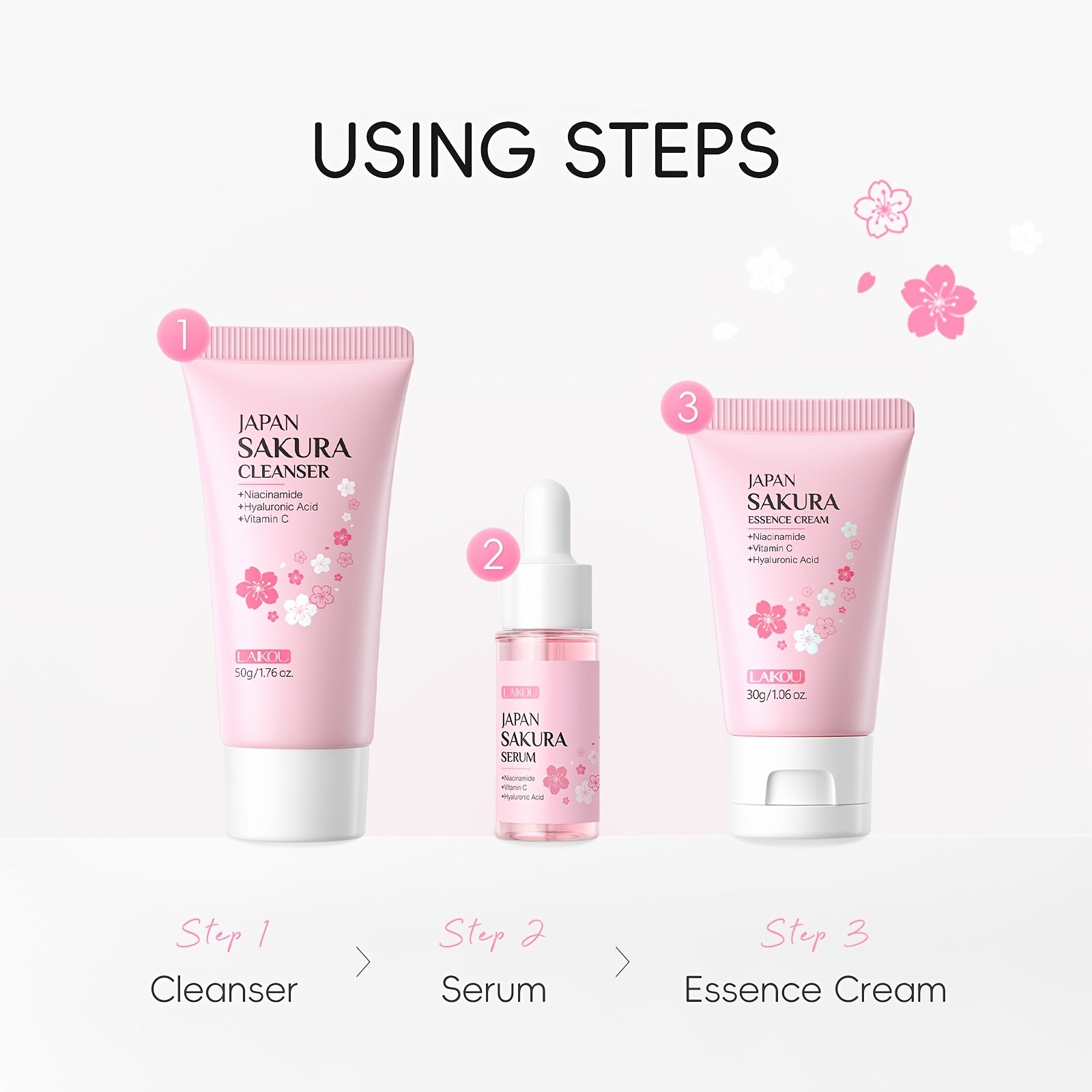 Sakura Cleanser Skin Care Travel Gift Set 3pcs, Face Wash 50g, Serum 17ml, Moisturizer 30g, with Vitamin C, Niacinamide, Hyaluronic Acid