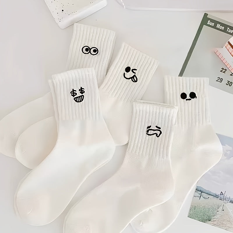 5 Pairs Cute Expression Pattern Socks, Women's Stockings & Hosiery./MH
