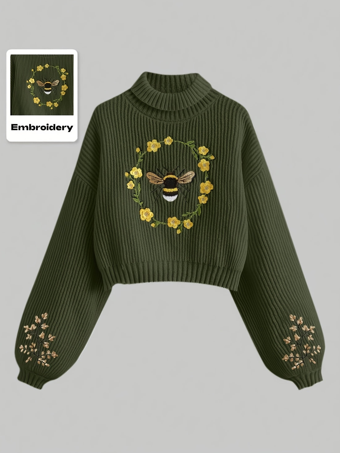 Women's Embroidered Bee and Floral Lantern Sleeve Sweater.