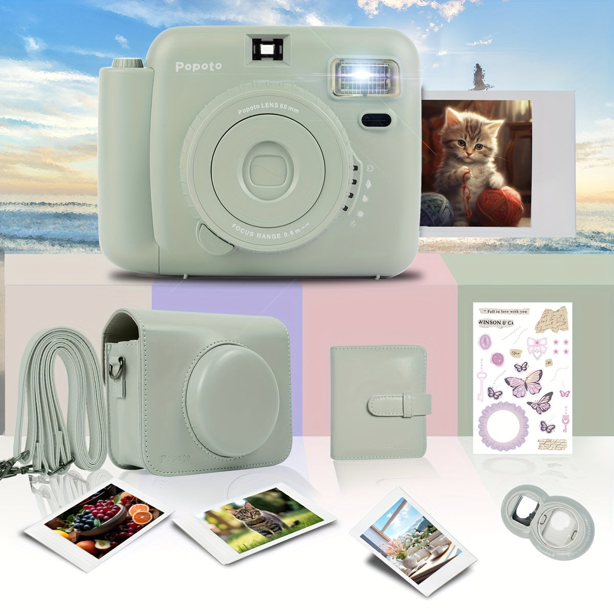Popoto Instant Camera Gift Set with PU Case - Flash-Enabled, Battery-Free Photography Kit for Outdoor Parties (Camera & Accessories Included, No Batteries or Film)