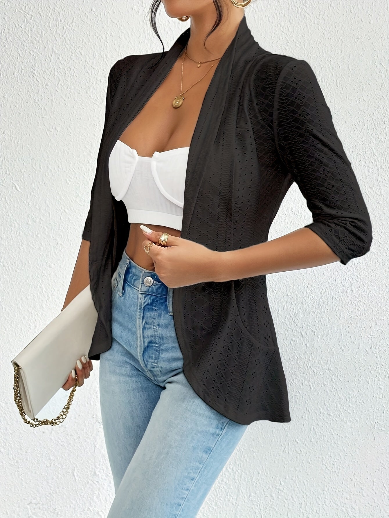 Elegant Lapel Neck Cut Out 3/4 Sleeve Blazer For Spring .