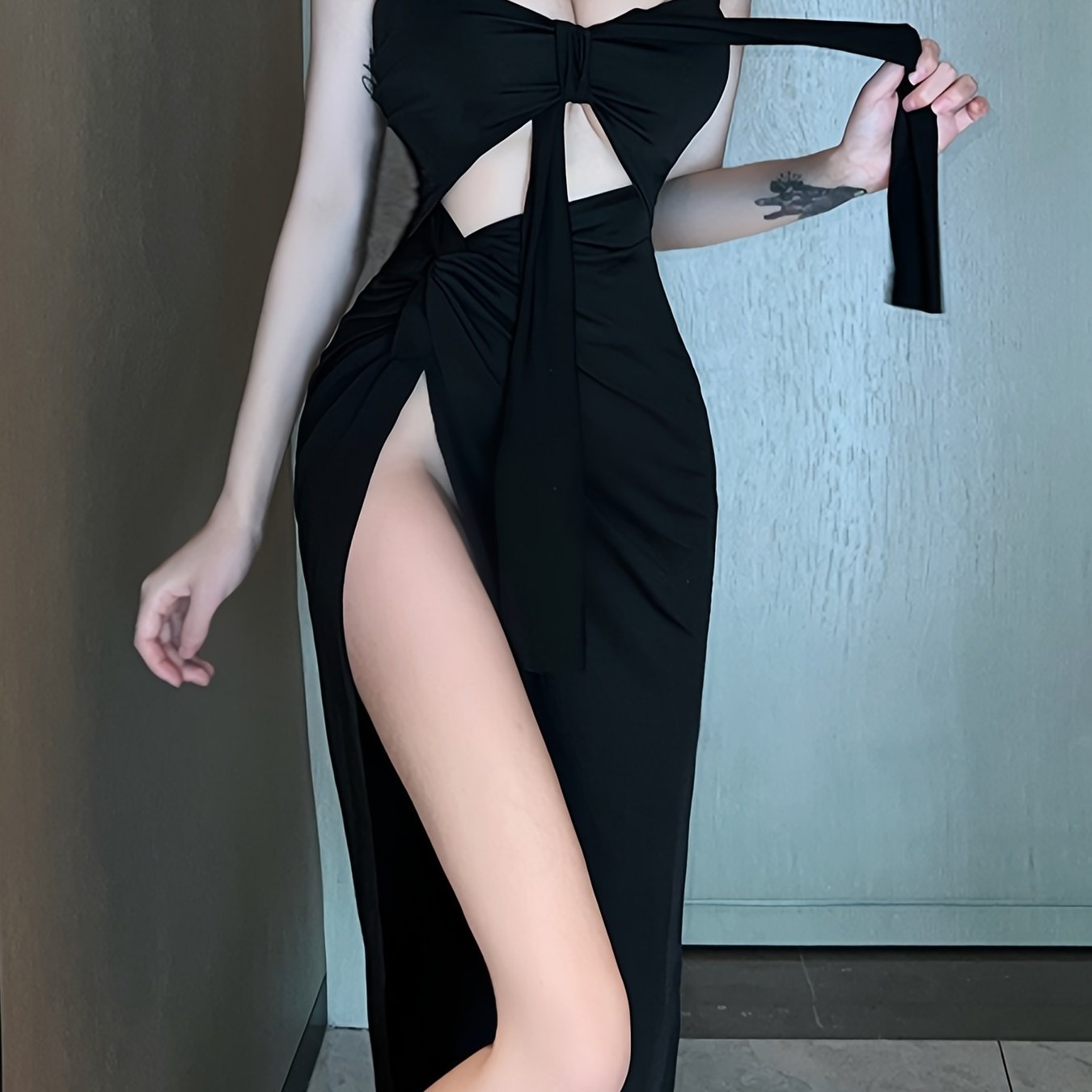 Solid Cut Out Halter Dress, Sexy Side Split Stretchy Backless Dress,