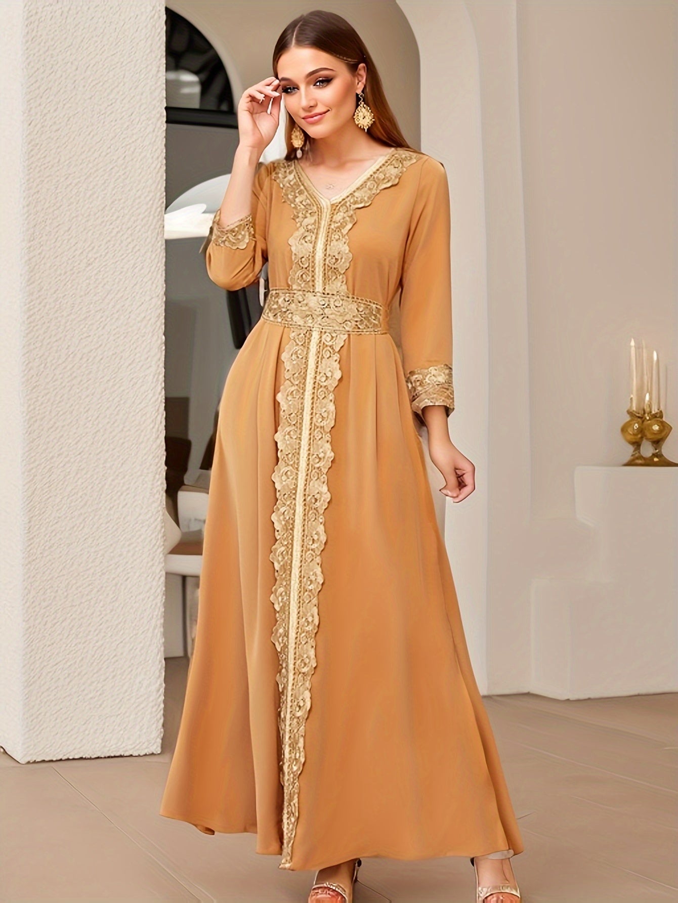 Ramadan Lace Trim V Neck Kaftan, Elegant Long Sleeve 'MH