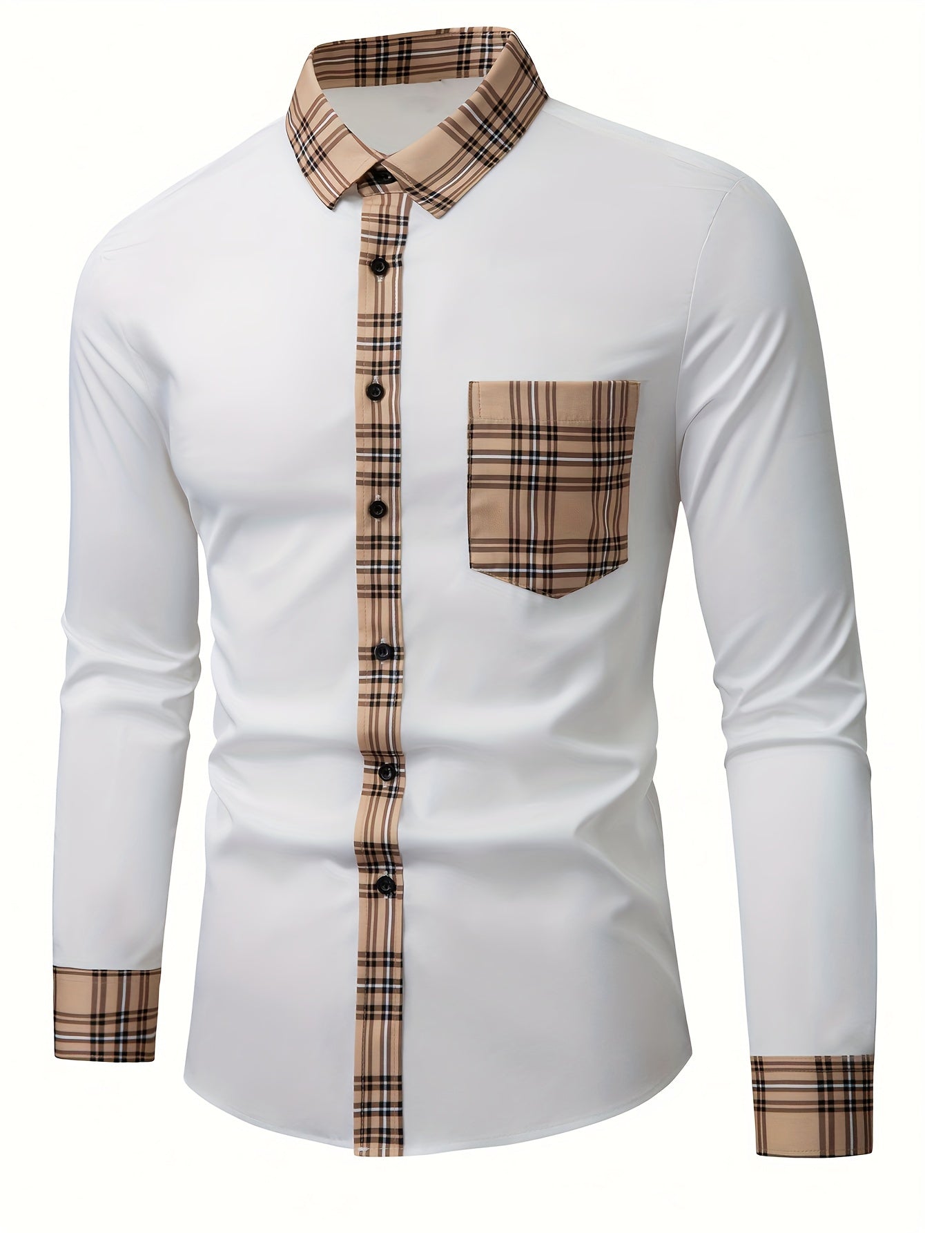 Men's Lapel Patchwork Dress Shirts Long Sleeve Casual Button .