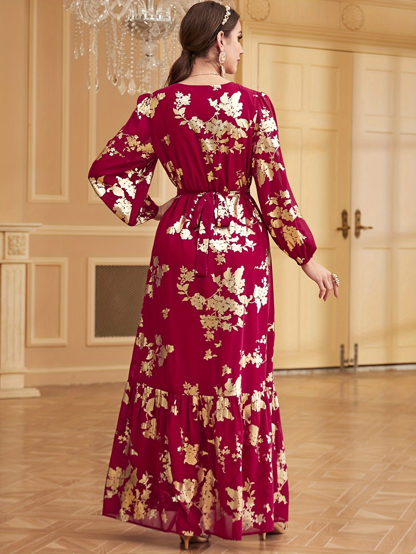 Bronzing V-neck Kaftan Dress, Elegant Long Sleeve 'MH