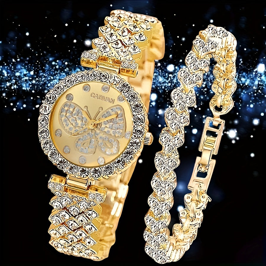 2pcs/set Elegant Butterfly Quartz Watch Luxury Fashion Stainless Steel Band Wrist Watch & Bracelet, Gifts For Women Her