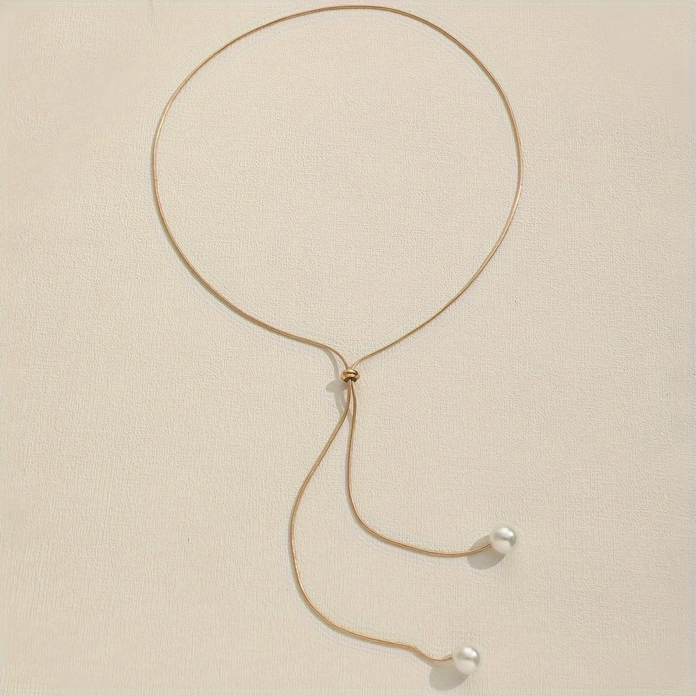 Simple Faux Pearl Pendant Adjustable Long Sweater Chain Necklace.