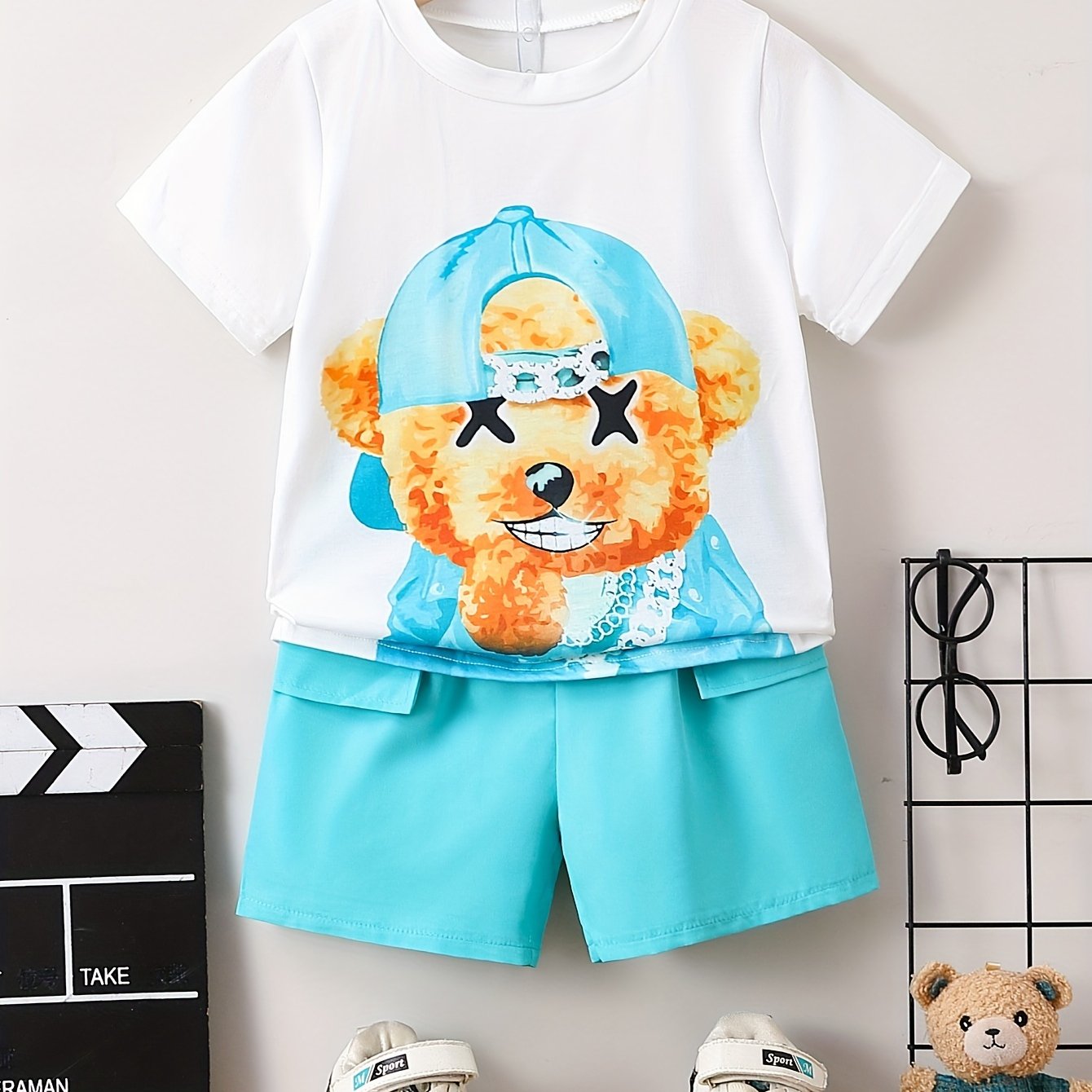 2pcs Boys Casual Cute Teddy Bear Graphic Print Short Sleeve T-shirt.