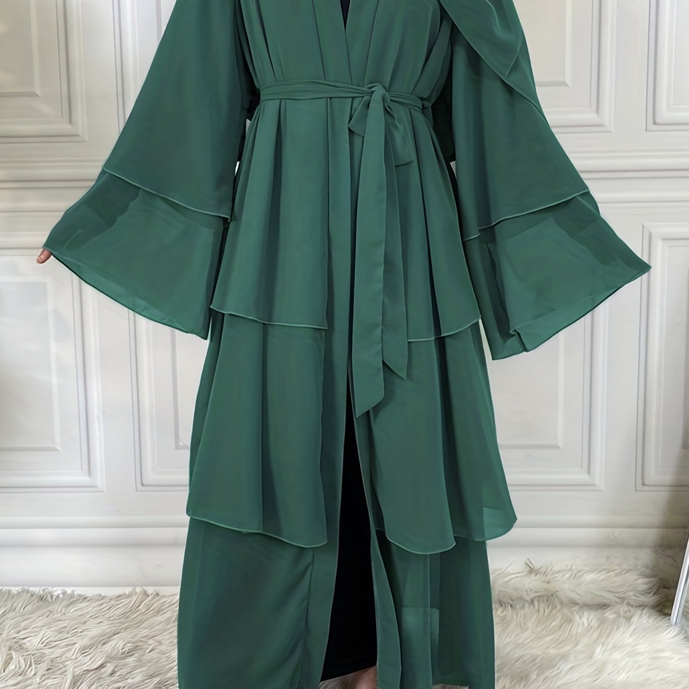 Layered Open Front Modest Dress, Long Sleeve Muslim Dress'/MH