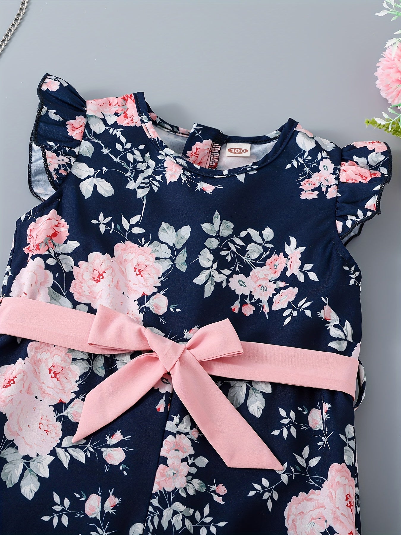 Toddler Girls Flowers Graphic Flutter Sleeve Belted Rompers Wide.