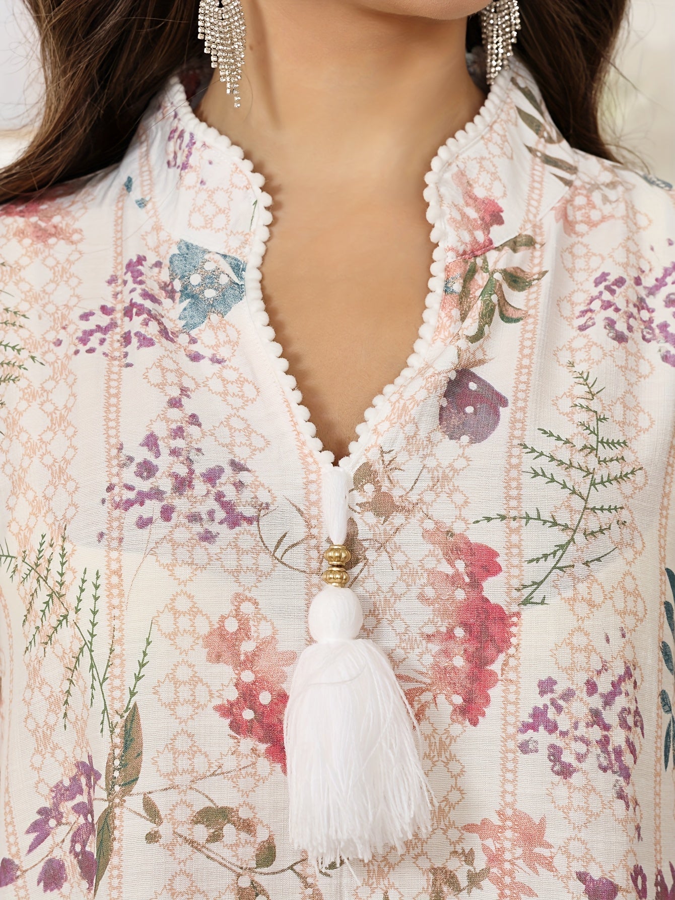 [Floral Jalabia Dress] Floral Print Elegant Jalabia Dress | V-Neck,/MH