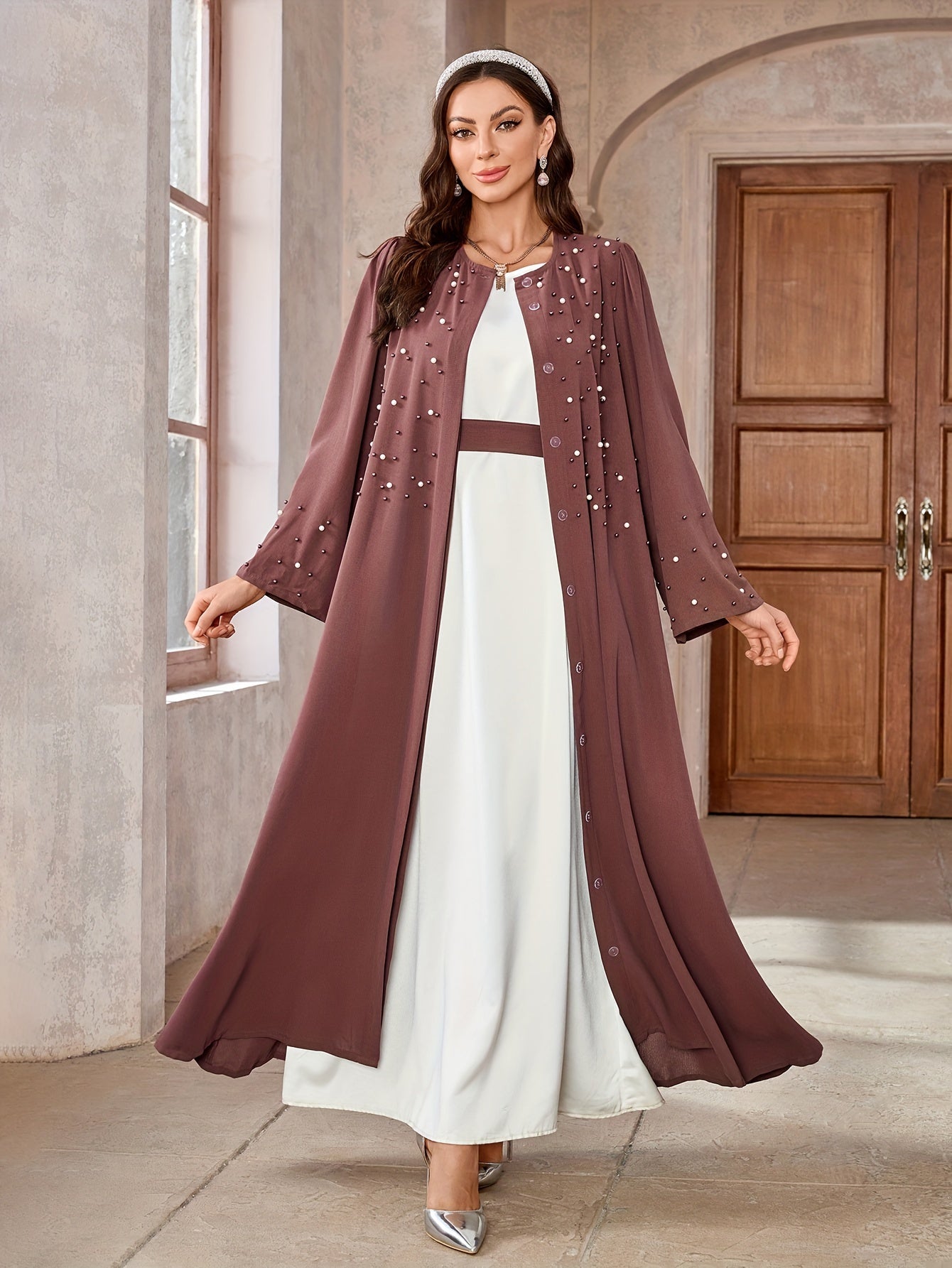 Elegant Navy Blue Abaya with Pearl Embellishments and Belt -/MH