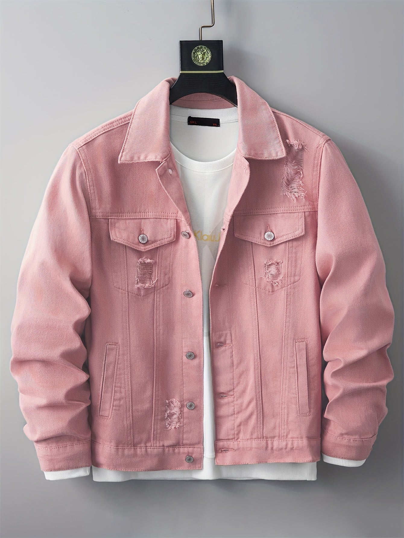 Distressed Ripped Denim Jacket for Men - Stylish Collar,