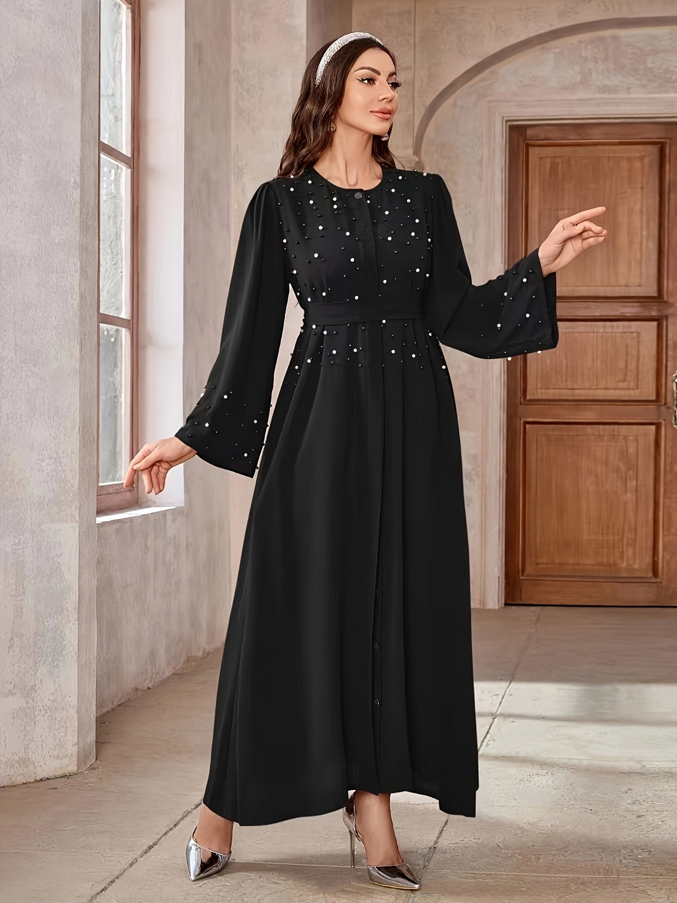 Elegant Navy Blue Abaya with Pearl Embellishments and Belt -/MH