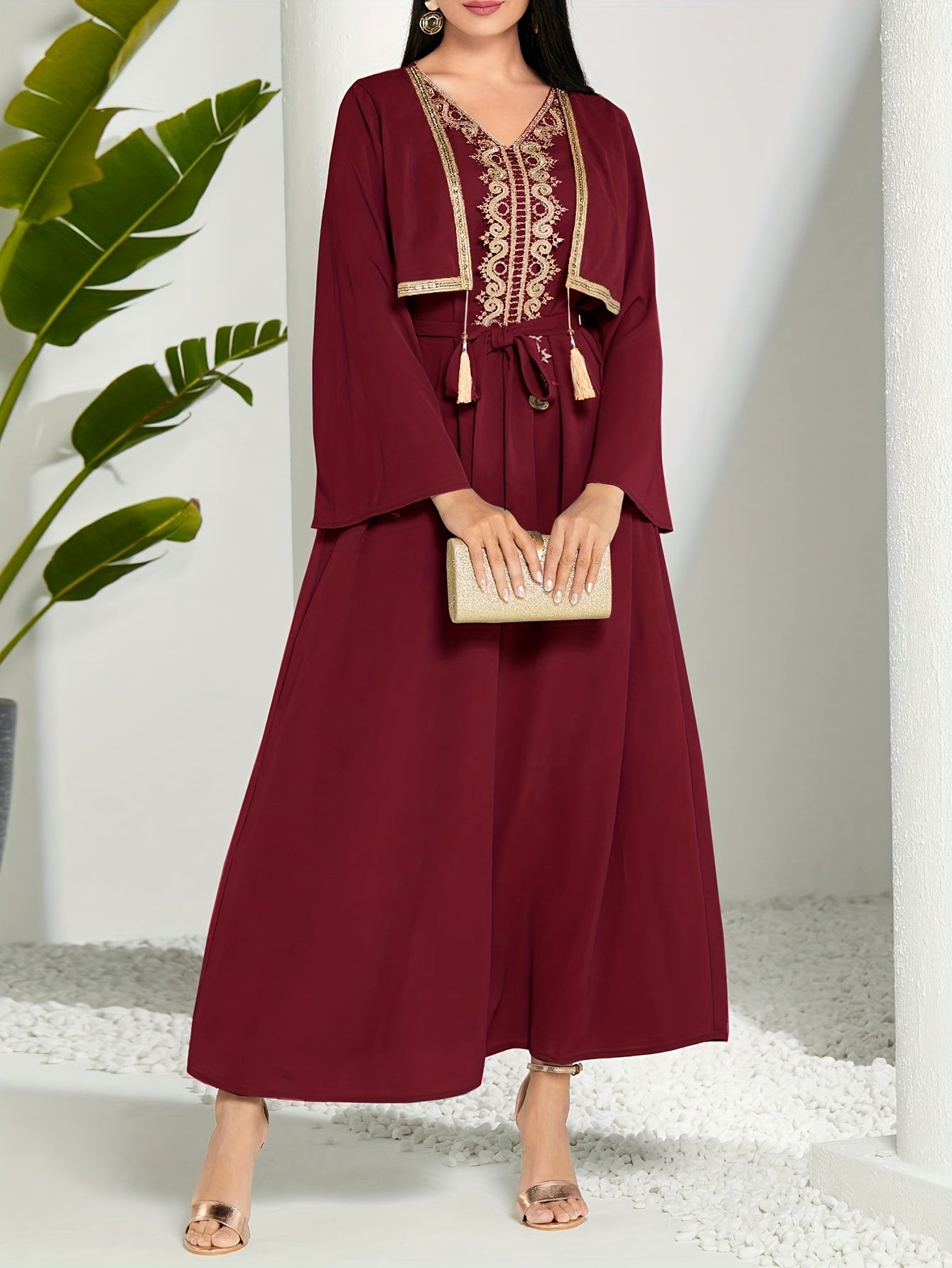 2 In 1 Lace Trim V-neck Kaftan Dress, /MH