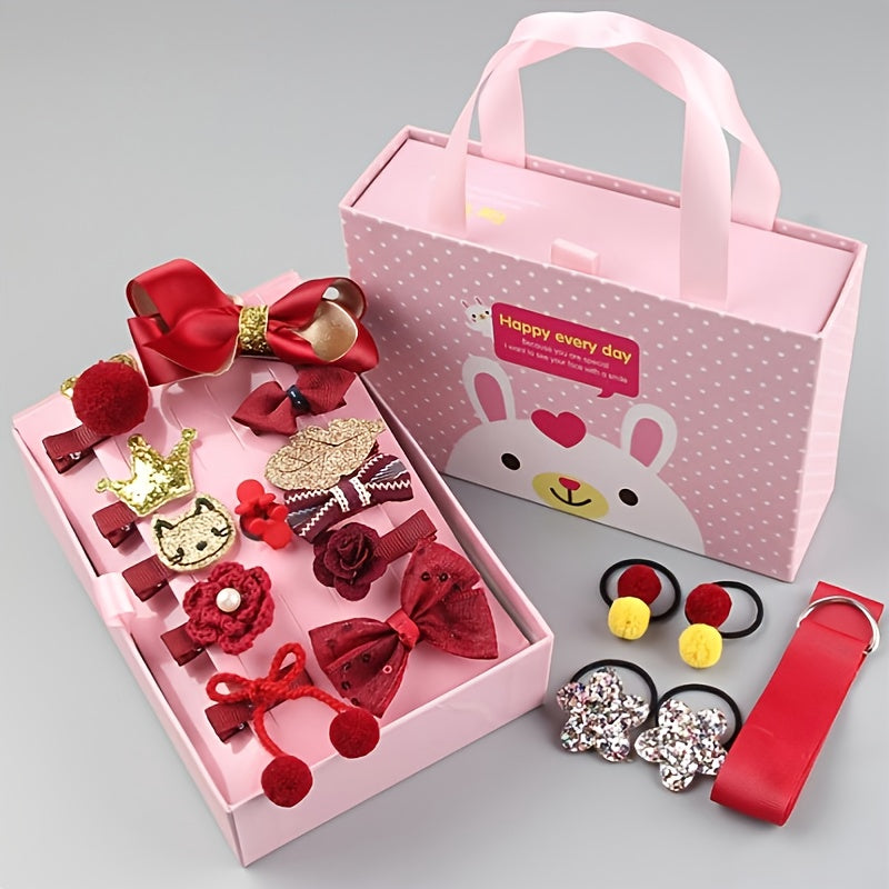 Deluxe Princess Hair Accessory Kit for Girls - Sparkling Rhinestone Clips, Cute Bow Ties & Elastic Bands with Pink Gift Box & Ribbon Hanger - Soft, Lightweight & Safe for and Youngsters, Hair Accessories for Girls
