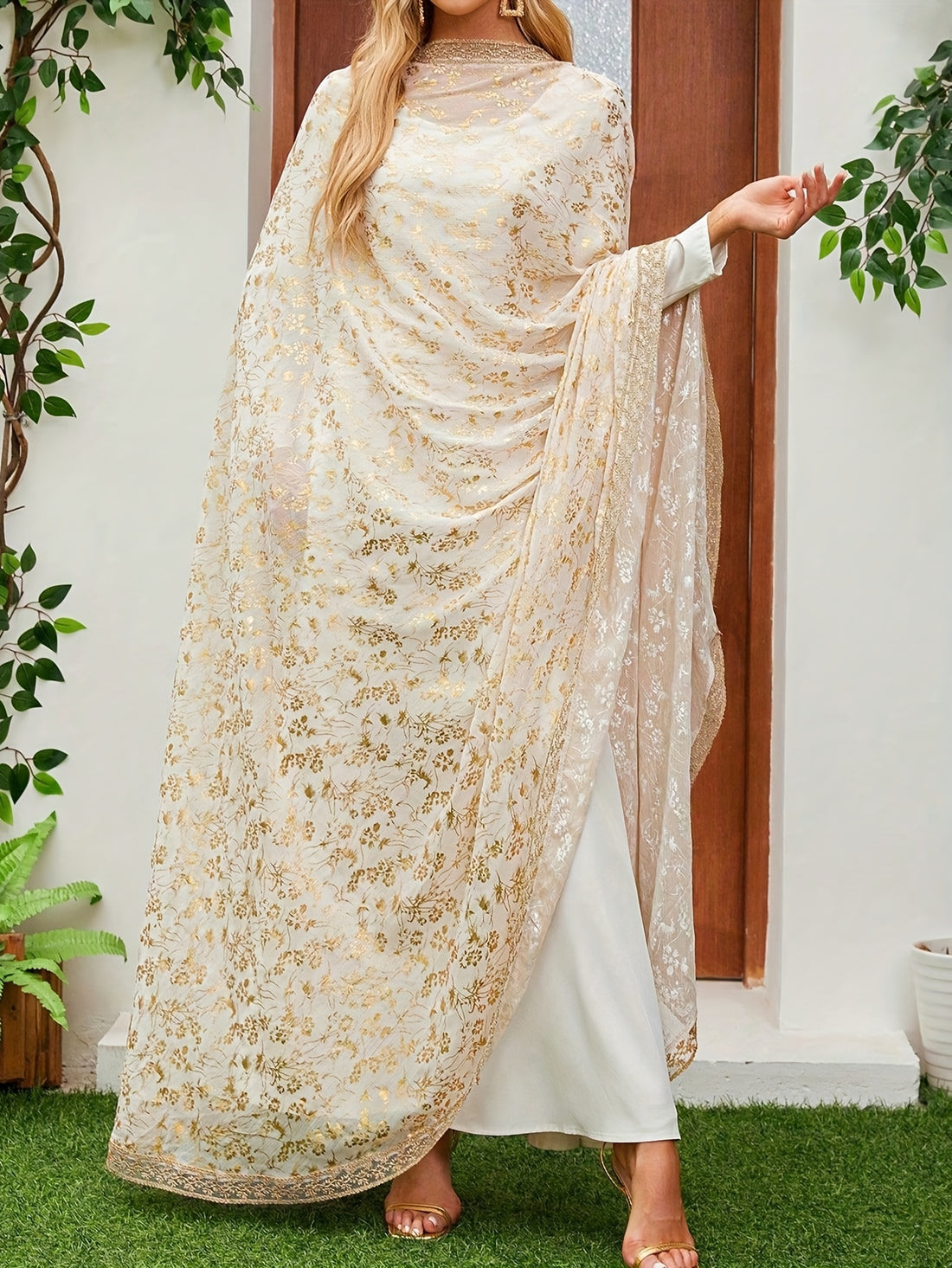 Women'S Floral Pattern Two-Piece Set with Shawl, Elegant Long Sleeve Abaya Dress .MH