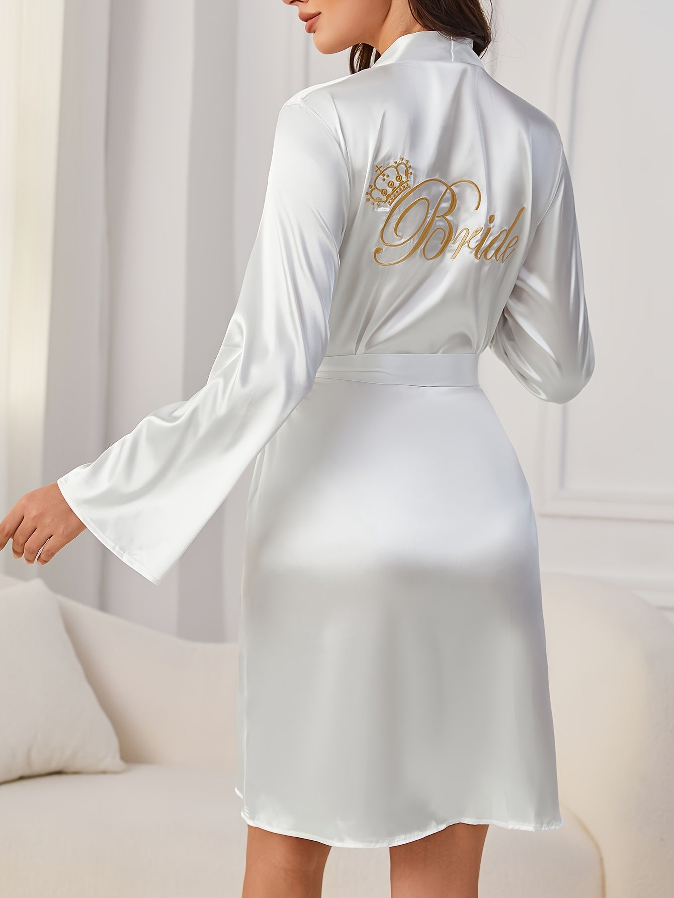 Elegant White Satin Robe for Women with Golden "BRIDE" Embroidery - V-Neck