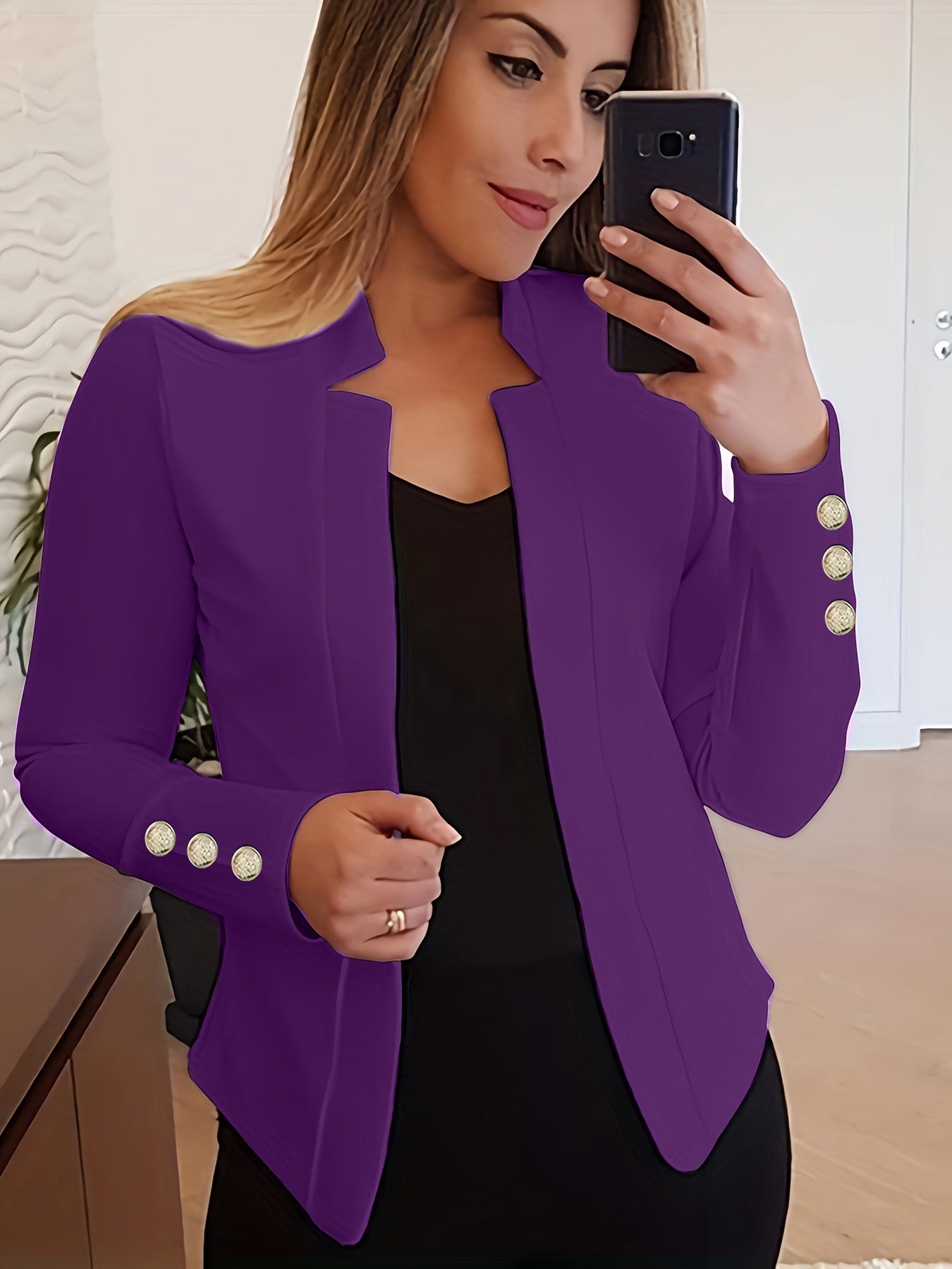 Solid Open Front Button Decor Blazer, Elegant Long Sleeve Blazer.