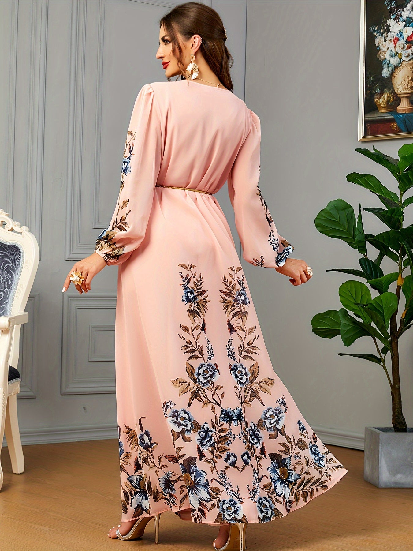 Floral Print Long Sleeve Kaftan Dress, women fashion'/MH