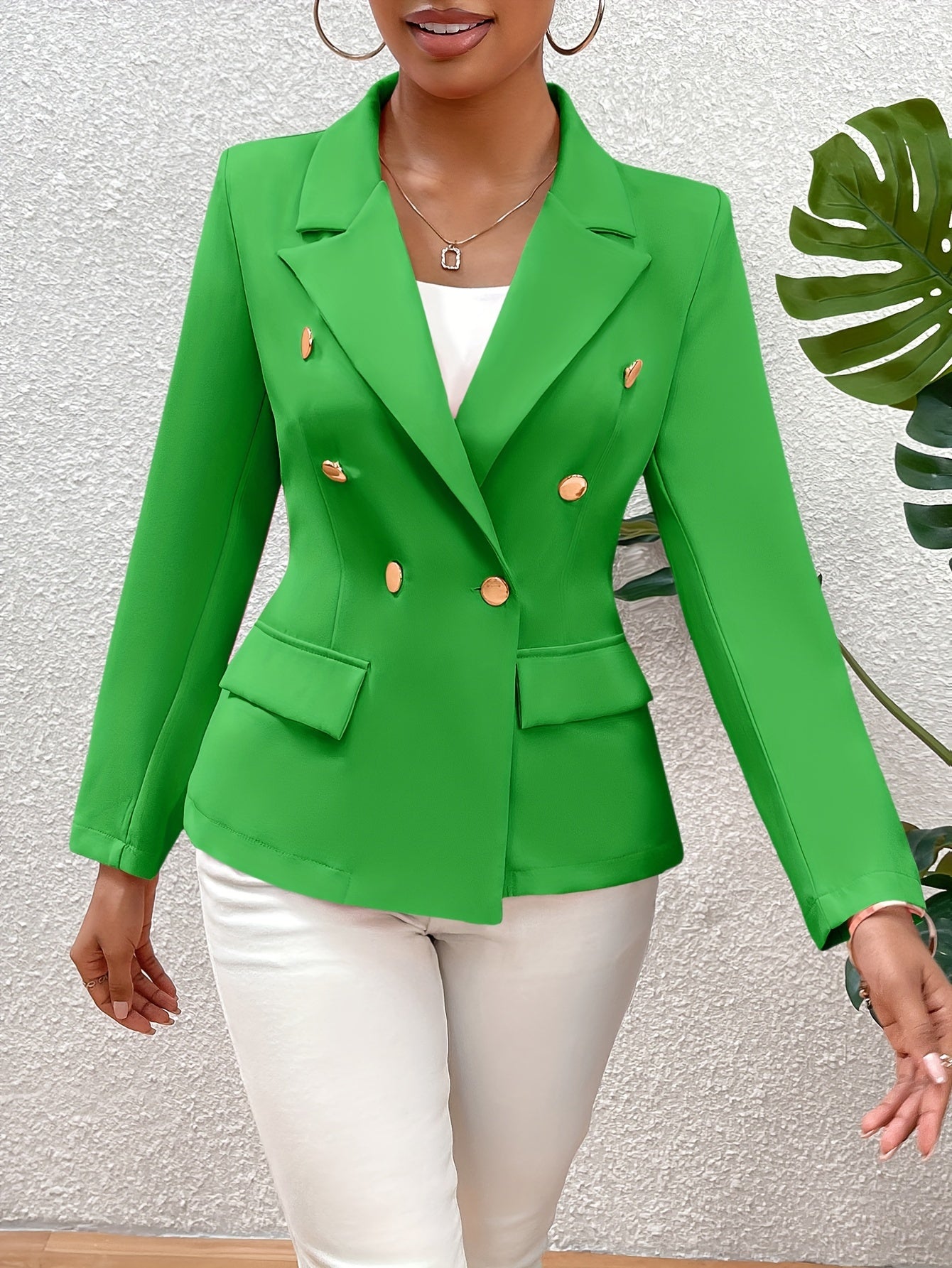 Solid Color Open Front Blazer, Elegant Lapel Neck Double Breasted.