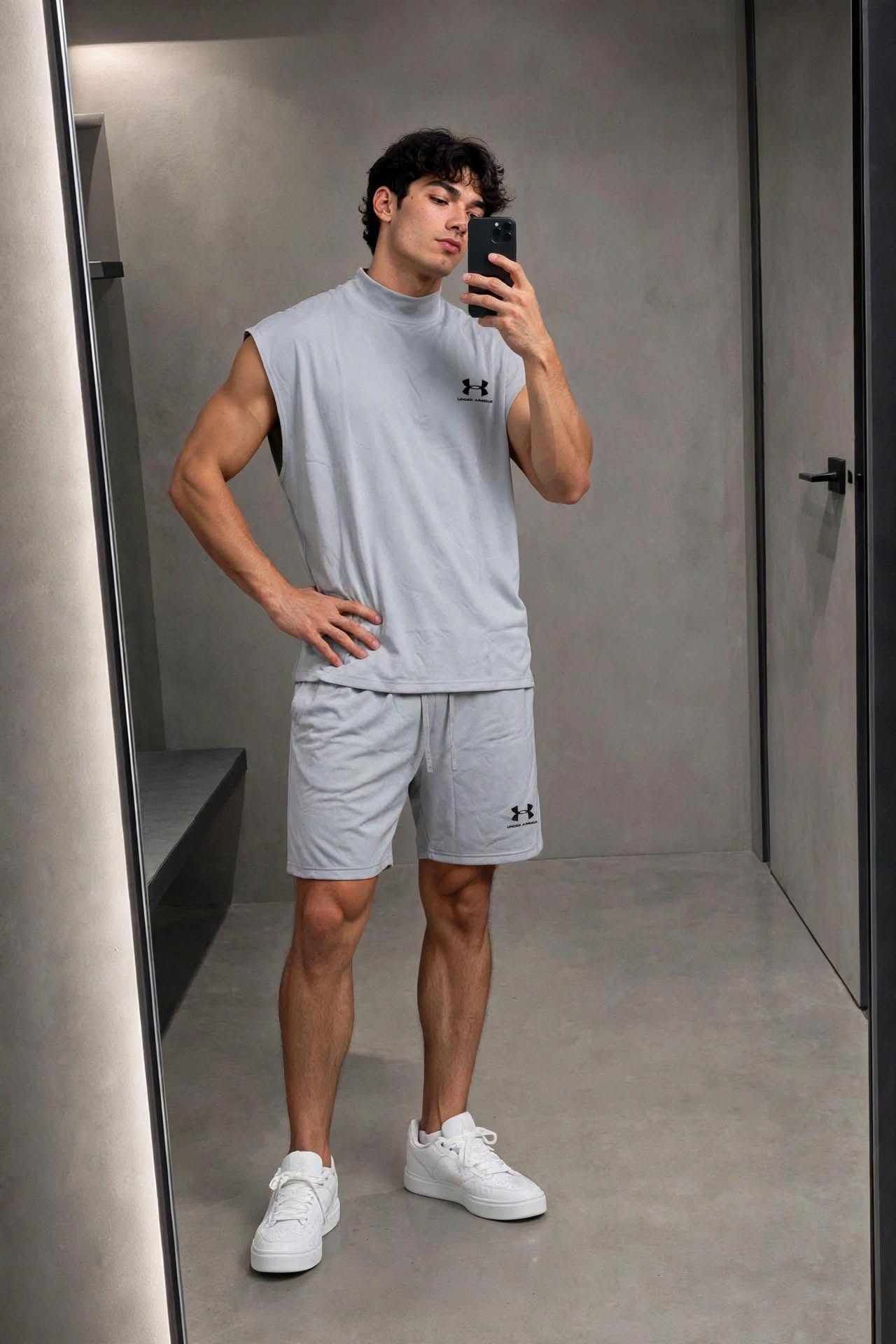 Men's 2 Piece Athletic Set - Sleeveless Mock Neck Tank Top & Shorts in Lavender Grey