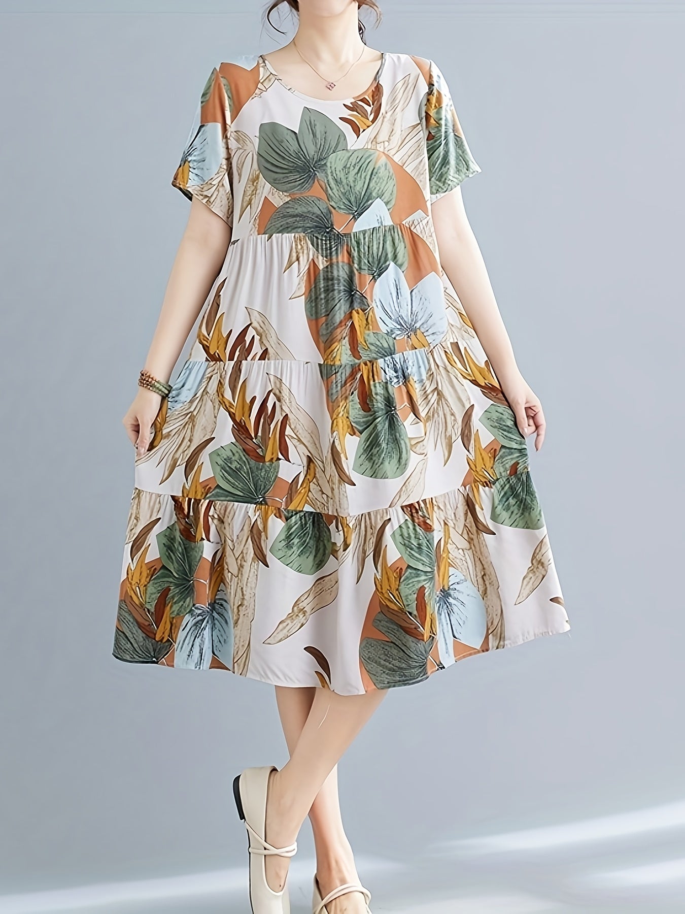 Paisley Print Crew Neck Dress, Casual Short Sleeve Loose Fit Dress./MH