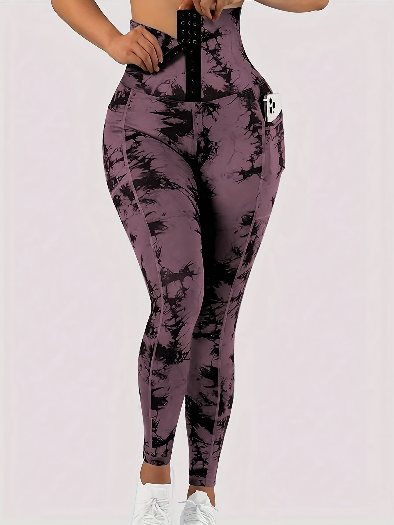 Women'S High-Waist Tie-Dye Yoga Leggings with Front Button Closure & Pockets .