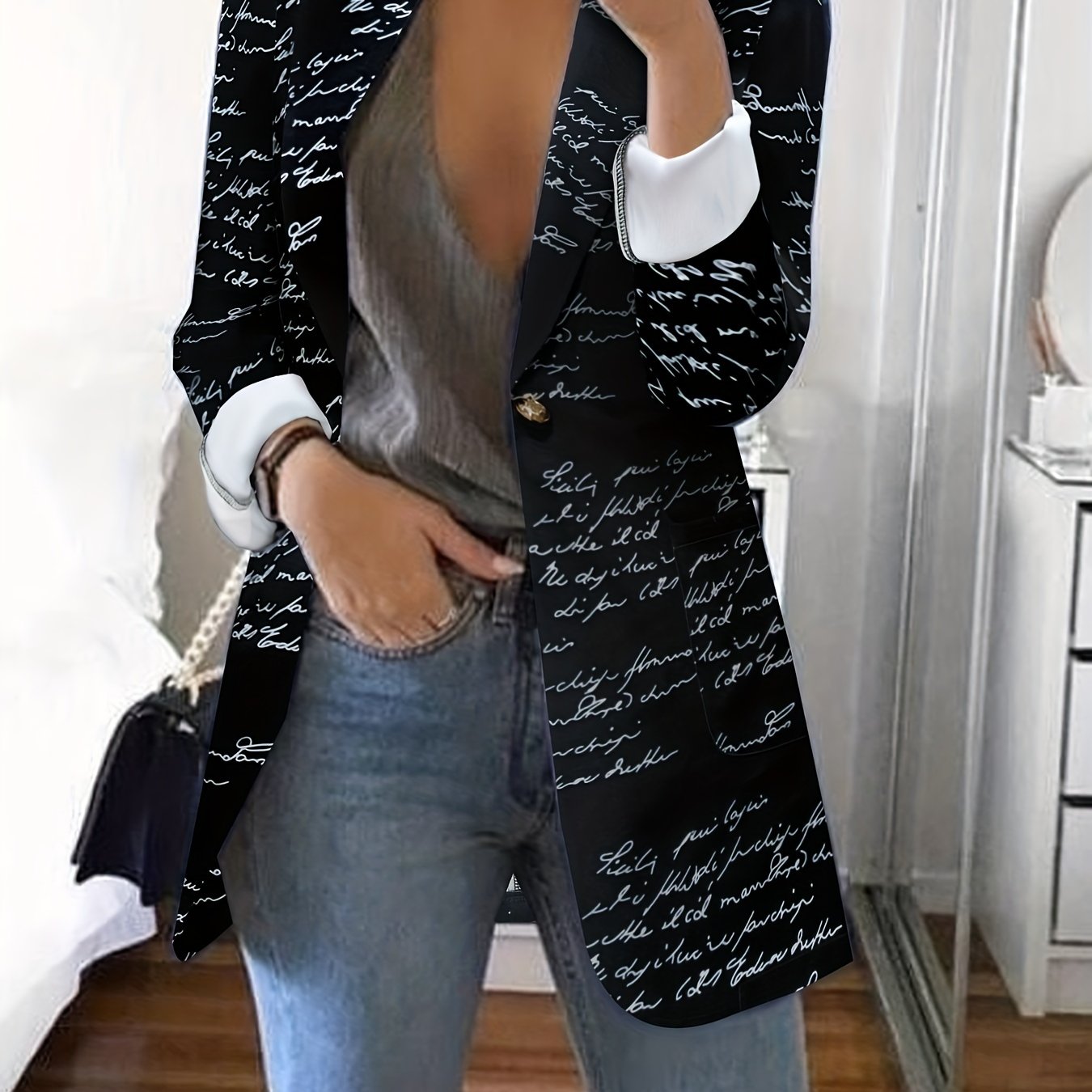 Letter Print Lapel Blazer, Casual One Button Long Sleeve Outerwear,