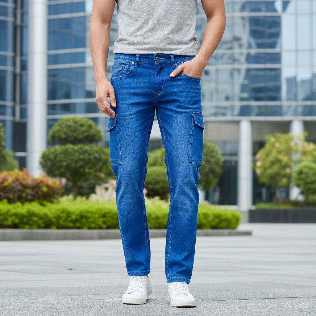 Men’s Blue Cargo Denim Jeans Sizes 40 44 54 - Stylish Multiple Pockets Cargo Pants | MH