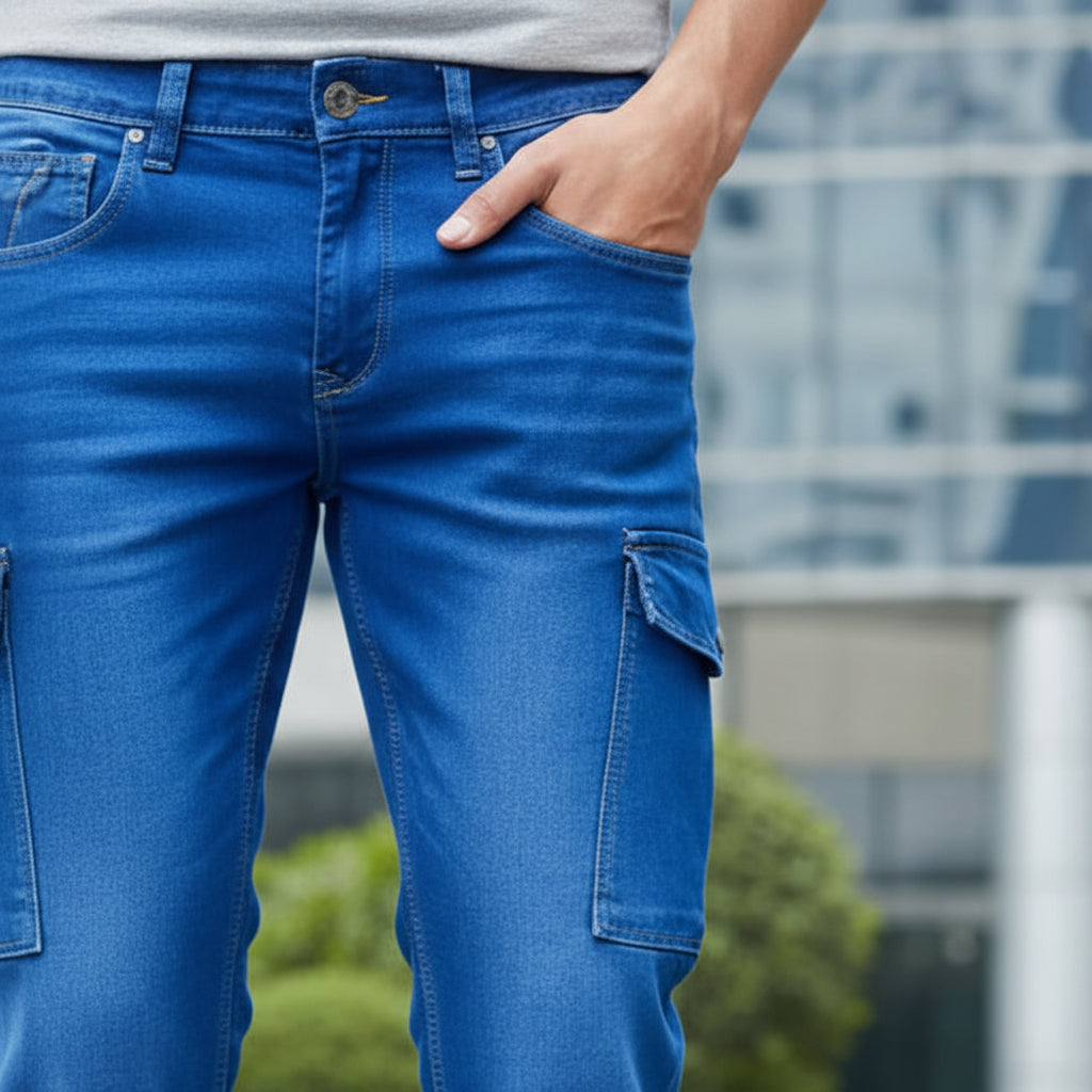 Men’s Blue Cargo Denim Jeans Sizes 40 44 54 - Stylish Multiple Pockets Cargo Pants | MH