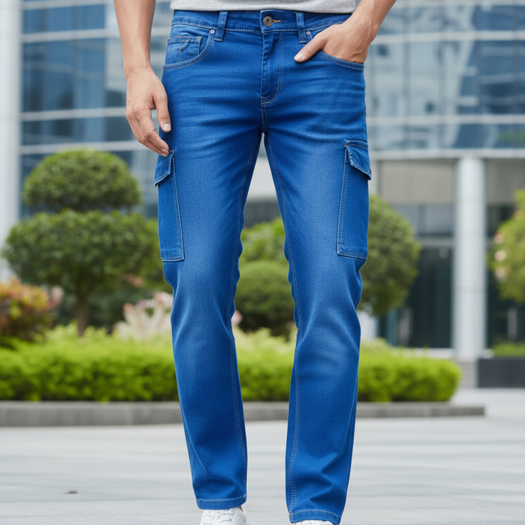 Men’s Blue Cargo Denim Jeans Sizes 40 44 54 - Stylish Multiple Pockets Cargo Pants | MH