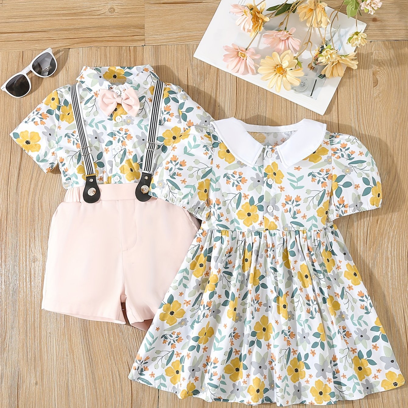 Summer Outfit Set For Kids, Includes Cute Floral Print Dress.