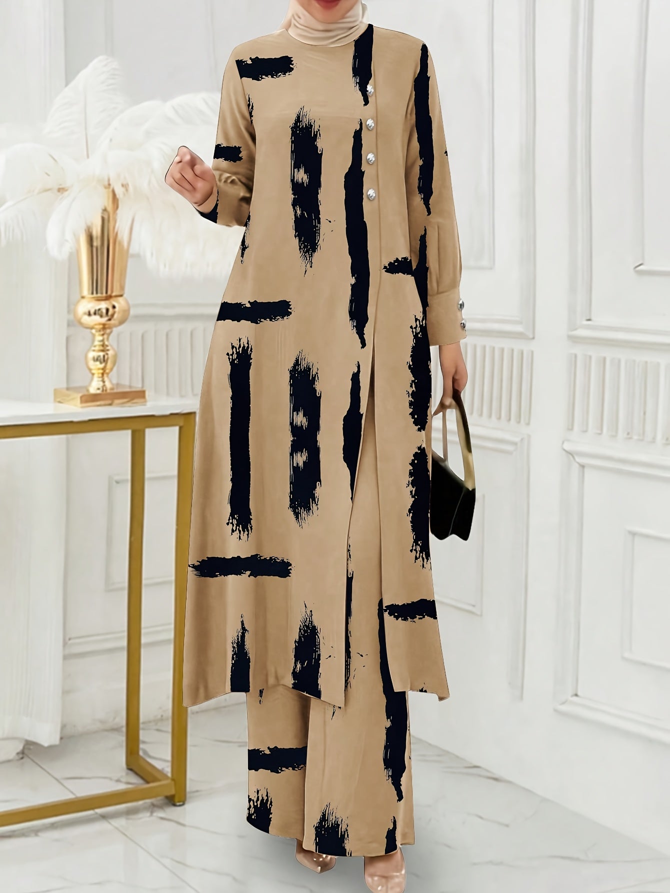Solid Color Button Design Long Sleeve Top and Pants Set, Arabic Style,/MH