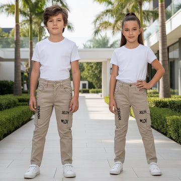 Toddler Cargo Pants Beige 1-8 Years | Boys & Girls Fashion Cargo Trousers with “HORSE” & “LOVE” Patches | MH