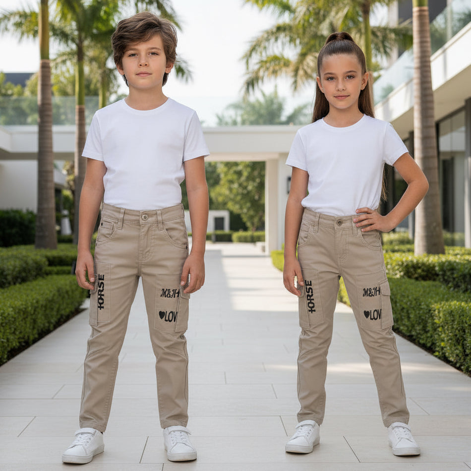 Toddler Cargo Pants Beige 1-8 Years | Boys & Girls Fashion Cargo Trousers with “HORSE” & “LOVE” Patches | MH